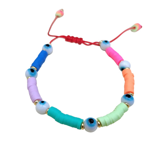 Colorful bracelet with eye-shaped beads on a white background
