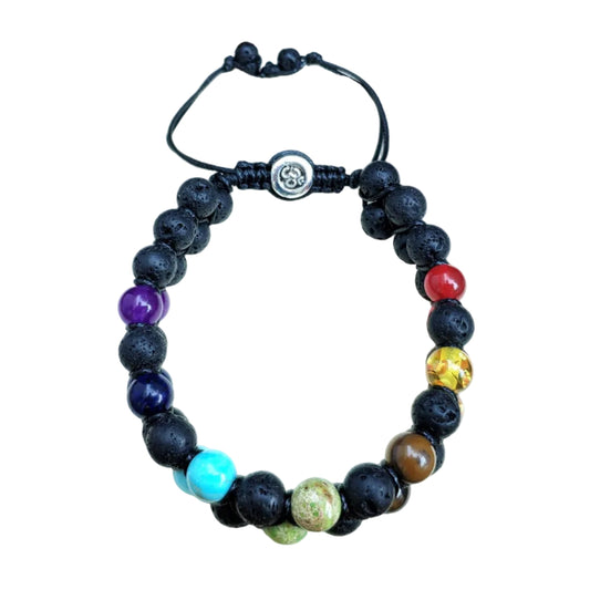 Multicolored beaded lava rock bracelet on a white background